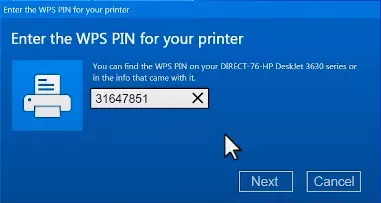 enter wps pin on hp printer and click on next 
